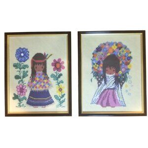 Ted DeGrazia Needlepoint Flower Girl Poncho Girl Finished Framed